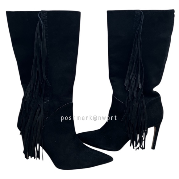 Sam Edelman 🖤 Fayette Suede Fringe Boots Heels Black 37 7 7.5 - Picture 4 of 16